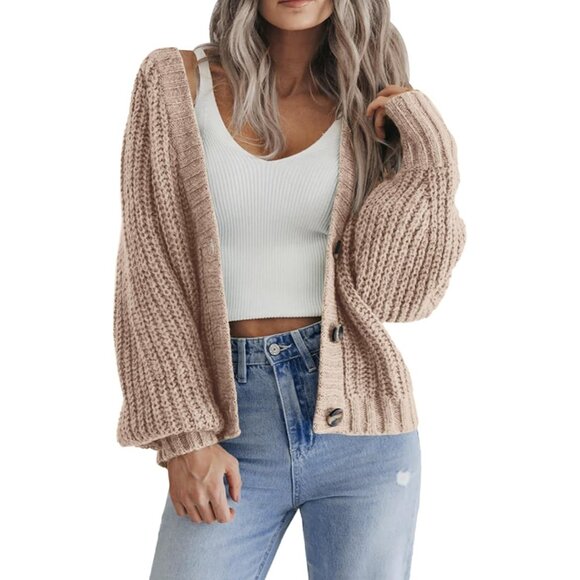 Zeagoo Women's Apricot Winter Long Sleeve Open Front V Neck Button Down Sweaters - Picture 1 of 5